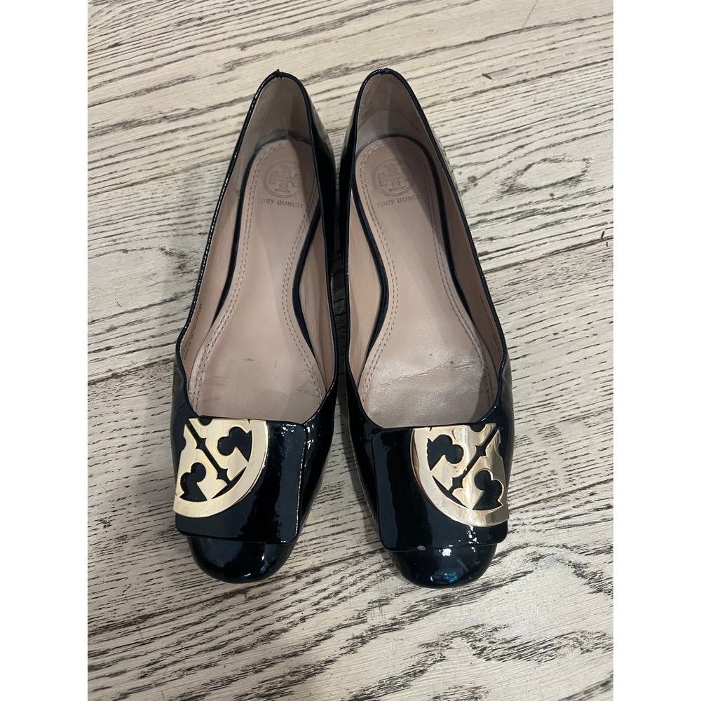 Tory Burch Black Patent Leather Square Toe Logo Ballet Flats Womens 7.5M